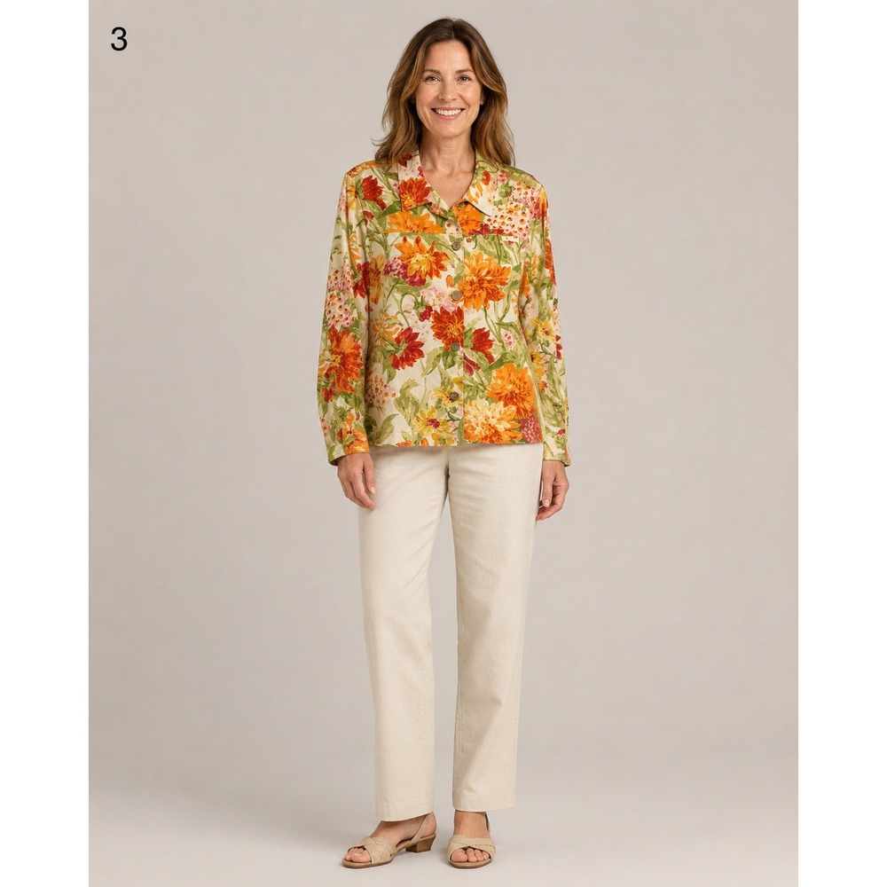 Coldwater Creek Floral Button Up Shirt Jacket  Womens Large Orange‎ Green Garden